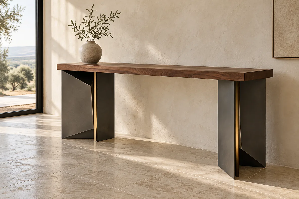 Konsolentisch mit Holzplatte und dunklen Metallbeinen mit goldfarbenen Kanten