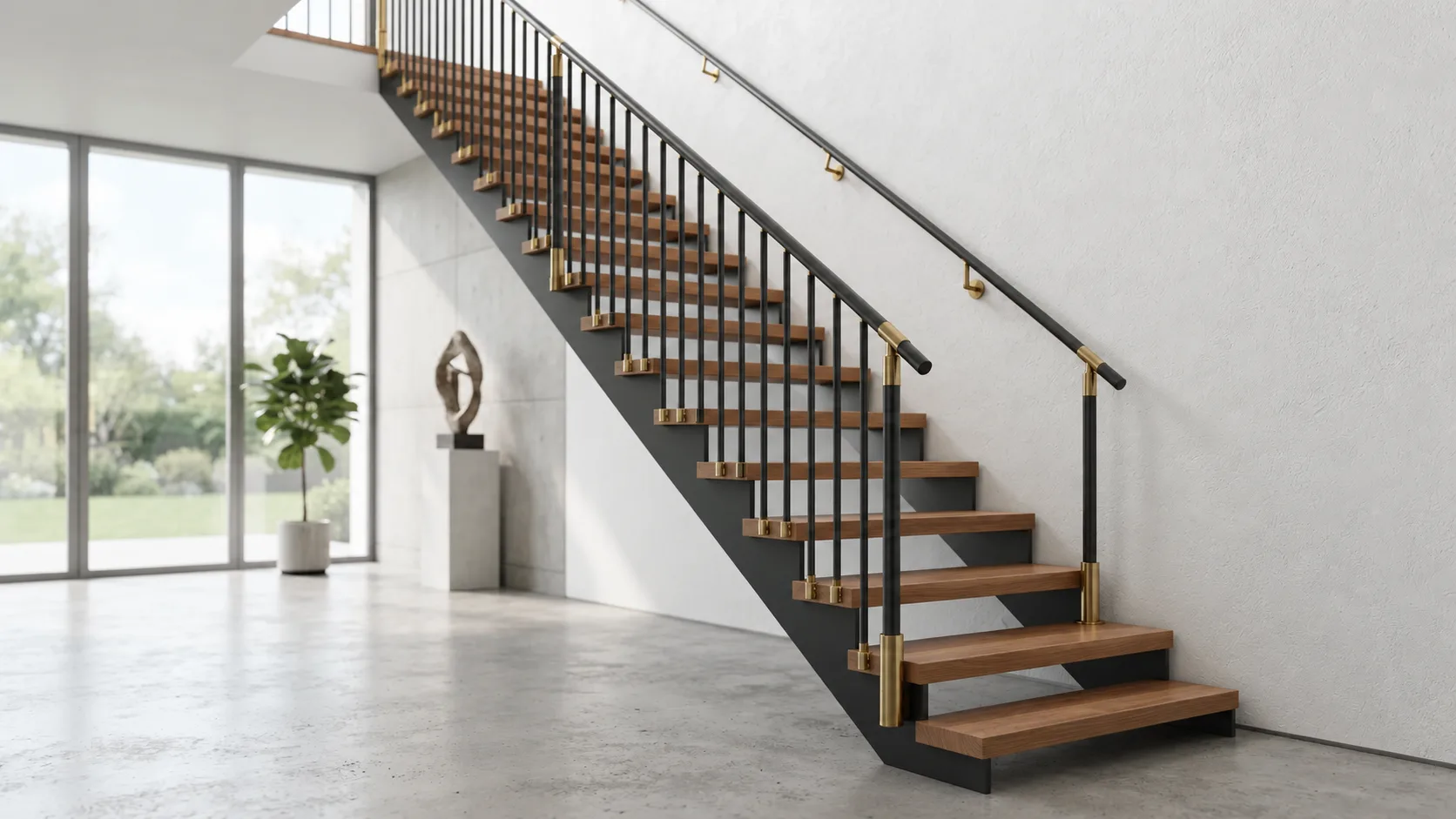 Treppe mit Holzstufen und schwarzem Metallgeländer in einem hellen Wohnraum