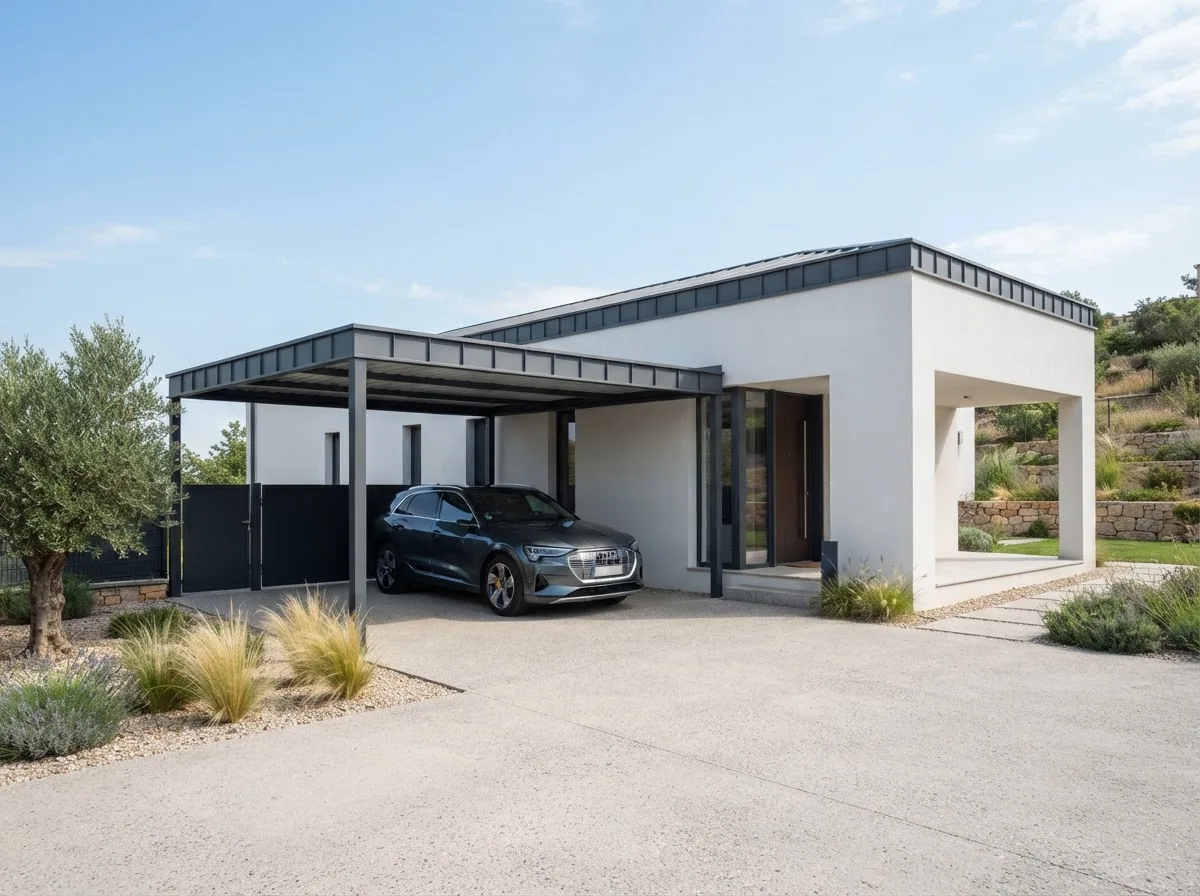 Carport mit dunkler Metallkonstruktion neben einem weißen Wohnhaus