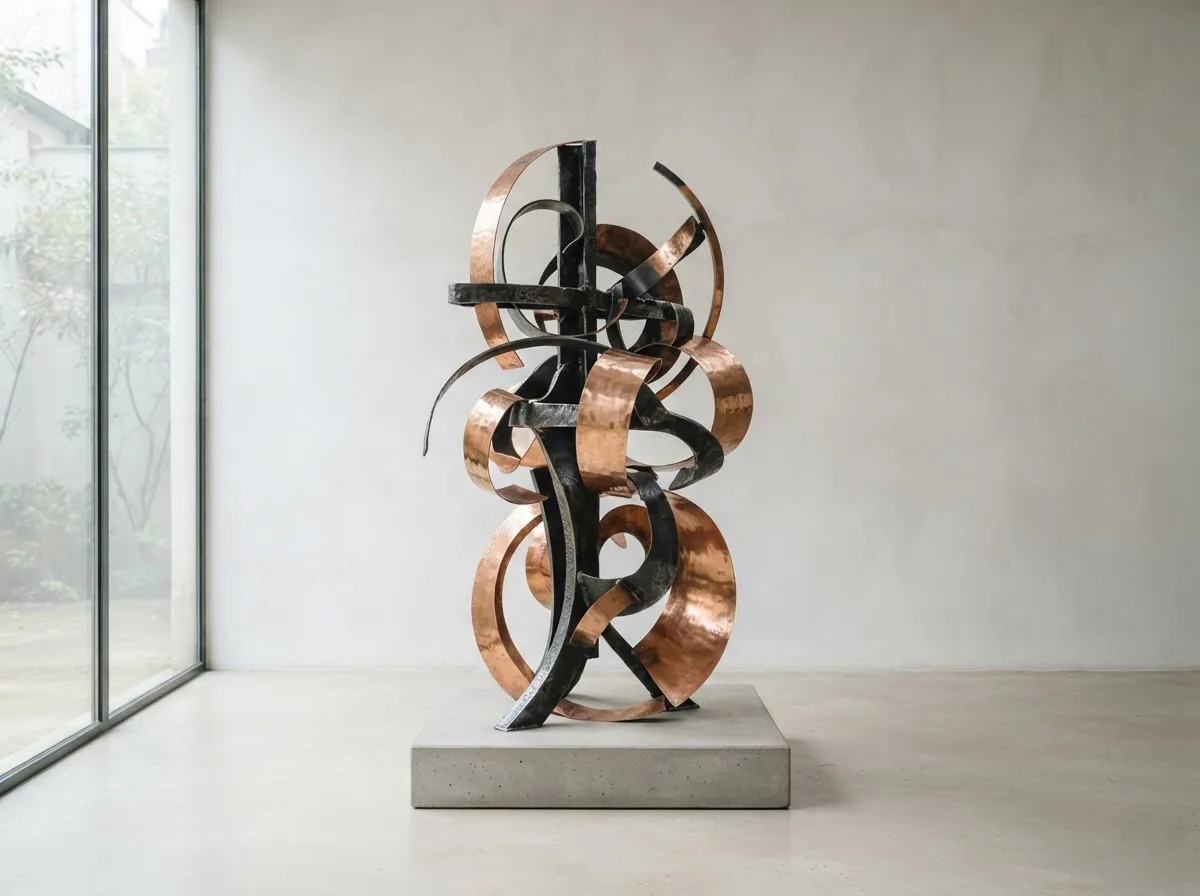 Abstrakte Metallskulptur aus dunklen und kupferfarbenen Bändern auf einem Sockel